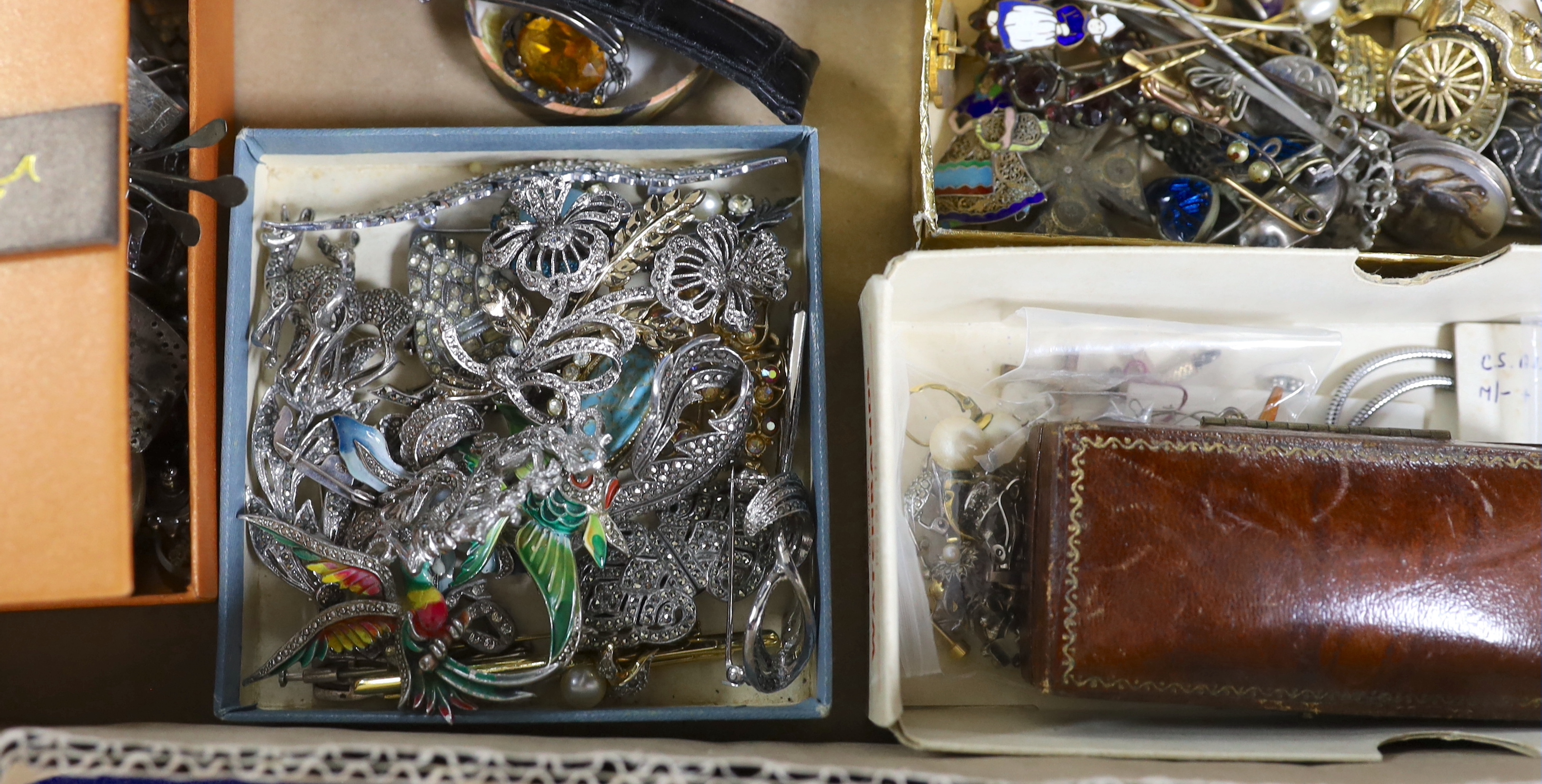 A large quantity of assorted Victorian and later jewellery etc. including silver brooch, micro mosaic brooches, marcasite jewellery, rings, niello bracelet, Russian white metal tot, etc.